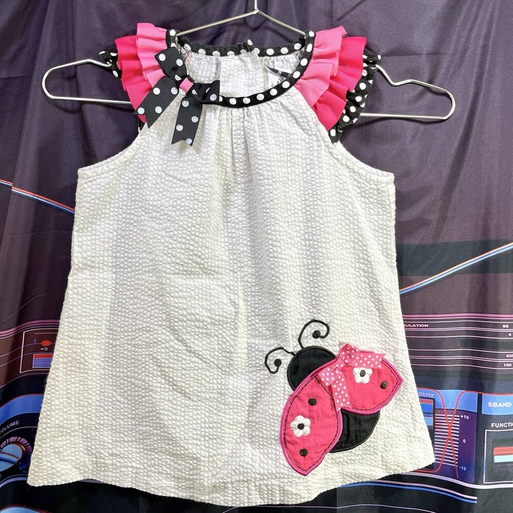 Rare Editions Ladybug Applique Ribbon Sear Sucker Mini Dress Girls Size 5